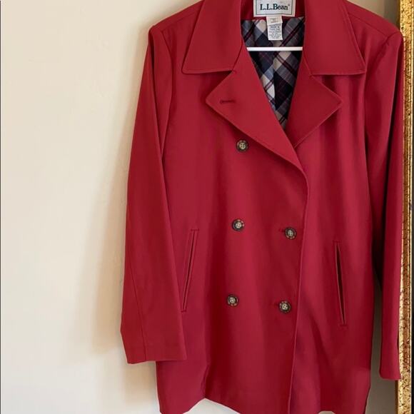 LL Bean red trench coat  jacket with plaid lining - Picture 1 of 14